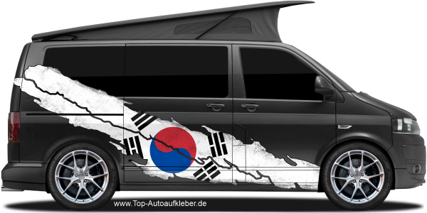 Preview: Autosticker Flagge von Südkorea | Set für beide Fahrzeugseiten Preview: Autosticker Flagge von Südkorea auf Fahrzeugseite von dunklem Camper Van