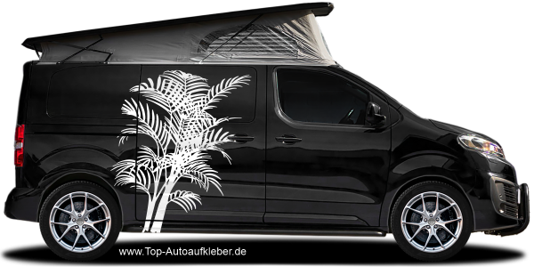 Preview: Autoaufkleber mit Palmwedel auf dunklem Camper - Ansicht Farbauswahl