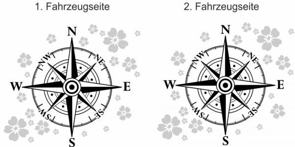Preview: Autoaufkleber Windrose mit Blüten | Set für beide Fahrzeugseiten Preview: Autoaufkleber Windrose mit Blüten | Set für beide Fahrzeugseiten