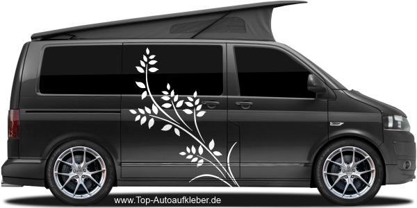 Preview: Autoaufkleber Set mit Blätterzweig auf dunklem Camper - Ansicht Farbauswahl