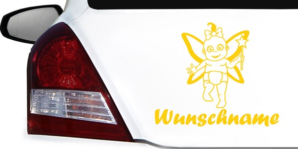 Niedliche Fee mit Wunschnamen als Babyaufkleber fürs Auto