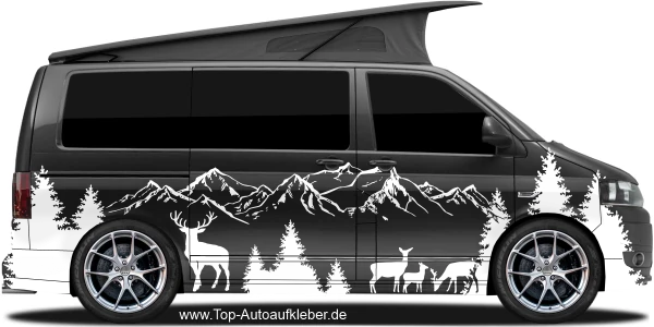 Bergskyline mit Hirsche und Rehe für Camper | Set für beide Fahrzeugseiten