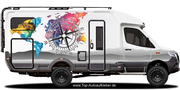 Bunte Weltkarte mit Kompass Camper Aufkleber | Set für beide Fahrzeugseiten