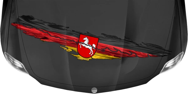 Die Flagge von Niedersachsen zum Aufkleben auf dunkler Motorhaube