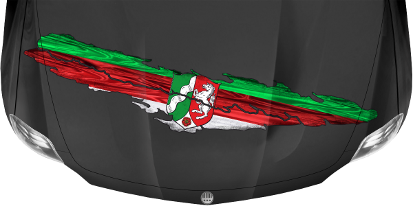 Preview: Camper Aufkleber Fahne von Nordrhein-Westfalen Preview: Die Flagge von Nordrhein-Westfalen zum Aufkleben auf dunkler Motorhaube