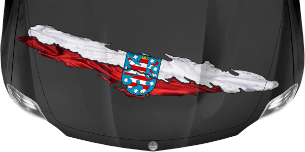 Preview: Camper Aufkleber Fahne von Thüringen Preview: Die Flagge von Thüringen auf dunkler Motorhaube