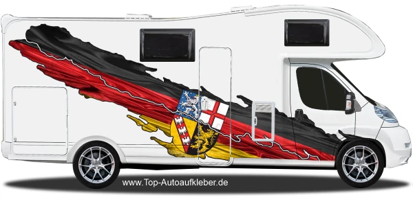 Die Saarländische Flagge als Aufkleber auf Fahrzeugseite von Wohnmobil