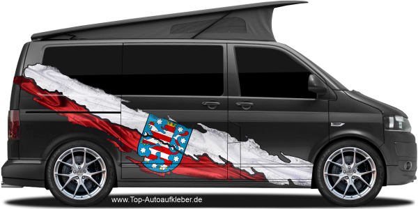 Preview: Camper Aufkleber Flagge von Thüringen | Set für beide Fahrzeugseiten Preview: Camper Aufkleber Flagge von Thüringen auf Fahrzeugseite von dunklem Camper Van