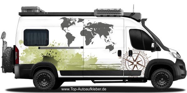 Preview: Campervan Aufkleber Farbflecken | Kompass und Weltkarte | Set für beide Fahrzeugseiten Preview: Campervan Aufkleber Farbflecken | Kompass und Weltkarte | Set für beide Fahrzeugseiten