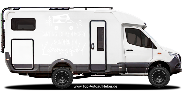 Preview: Camperaufkleber Lebensgefühl auf hellem Reisemobil - Ansicht Farbauswahl