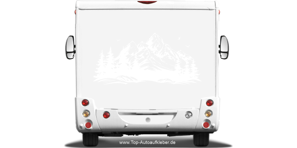 Preview: Camperaufkleber Vögel im Hochgebirge Preview: Camperaufkleber Vögel im Hochgebirge auf hellem Wohnmobilheck- Ansicht Farbauswahl