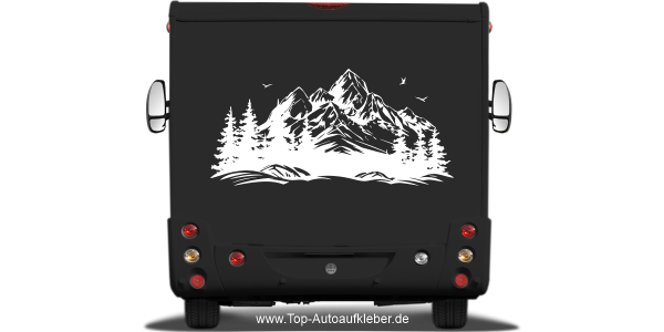 Preview: Camperaufkleber Vögel im Hochgebirge Preview: Camperaufkleber Vögel im Hochgebirge auf dunklem Wohnmobilheck - Ansicht Farbauswahl