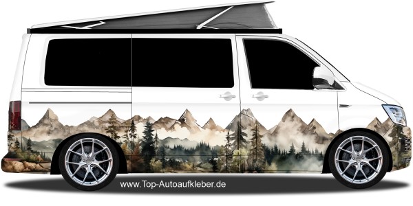 Preview: Campervan Aufkleber Malerische Berge | Set für beide Fahrzeugseiten Preview: Campervan Aufkleber Malerische Berge auf Fahrzeugseite von Camper
