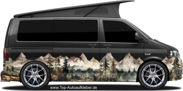 Preview: Campervan Aufkleber Malerische Berge | Set für beide Fahrzeugseiten Preview: Campervan Aufkleber Malerische Berge auf Fahrzeugseite von dunklem Camper Van