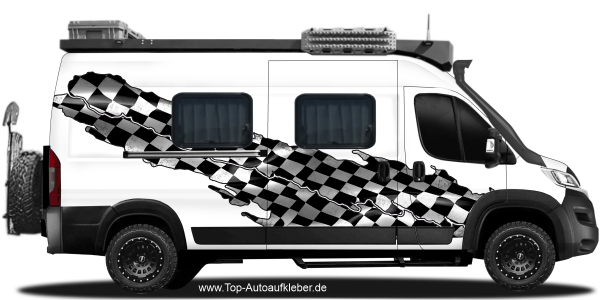 Preview: Caravanaufkleber Zielflagge auf Fahrzeugseite von Kastenwagen