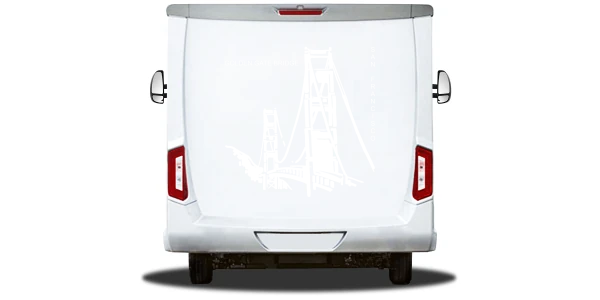 Wohnmobilaufkleber Golden Gate Bridge auf Heck von Wohnmobil oder Wohnwagen - Ansicht Farbauswahl