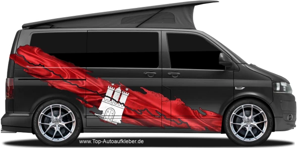Die Flagge von Hamburg | Aufkleber Set auf Fahrzeugseite von dunklem Camper Van