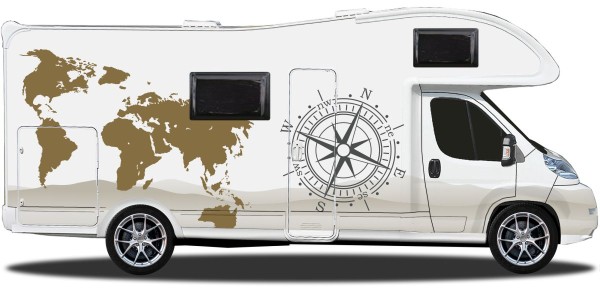 Preview: Die Welt mit Kompass Camper Aufkleber | Set für beide Fahrzeugseiten Preview: Die Welt mit Kompass Camper Aufkleber | Set für beide Fahrzeugseiten