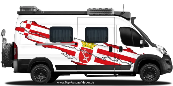 Flagge von Bremen als Autoaufkleber auf Fahrzeugseite von Camper