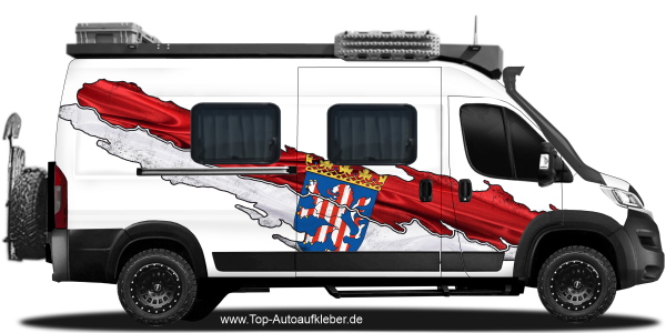 Preview: Flagge von Hessen als Autoaufkleber | Set für beide Fahrzeugseiten Preview: Die Hessische Flagge als Autoaufkleber auf Fahrzeugseite von Camper