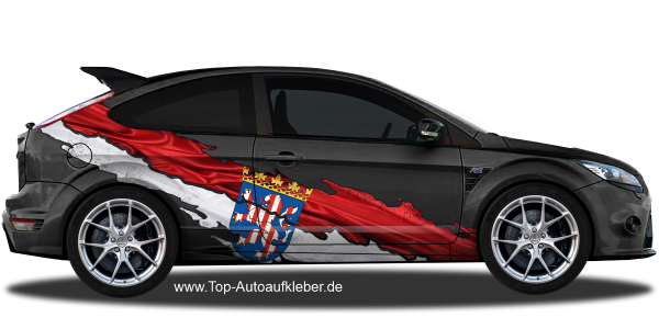 Preview: Flagge von Hessen als Autoaufkleber | Set für beide Fahrzeugseiten Preview: Die Hessische Flagge als Autoaufkleber auf Fahrzeugseite von dunklem PKW