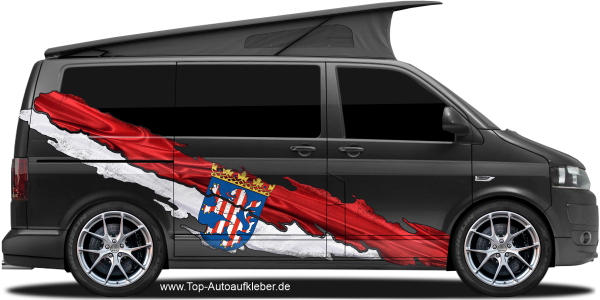 Preview: Flagge von Hessen als Autoaufkleber | Set für beide Fahrzeugseiten Preview: Die Hessische Flagge als Autoaufkleber auf Fahrzeugseite von dunklem Camper Van