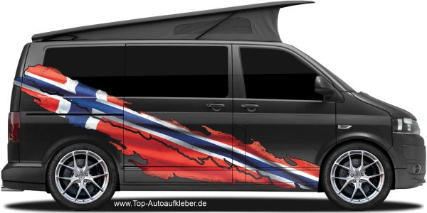 Autoaufkleber Flagge von Norwegen auf Fahrzeugseite von dunklem Camper Van auf Fahrzeugseite von dunklem Camper Van