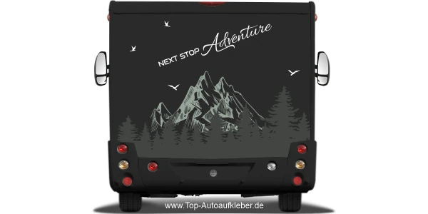 Heckaufkleber NEXT STOP Adventure auf Heck von dunklem Reisemobil