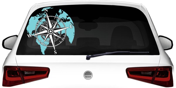 Preview: Heckscheibenaufkleber Weltkarte mit Windrose