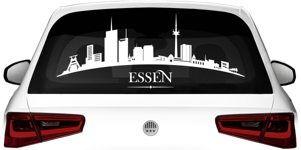Preview: Essener Skyline als Aufkleber für die Heckscheibe auf heller Motorhaube - Ansicht Farbauswahl