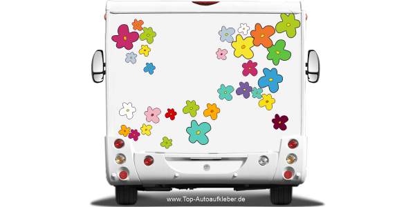 Hippie Flower Power Blumenaufkleber Set auf dem Heck von Wohnmobil oder Wohnwagen