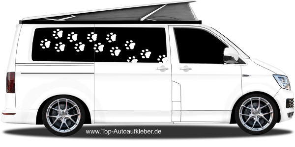 Hundepfoten Autoaufkleber Set auf hellem Camper -  Ansicht Farbauswahl