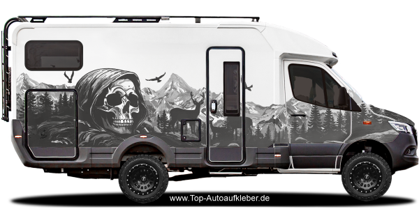 Preview: Klebefolie Bergmassiv mit Totenkopf auf hellem Reisaemobil