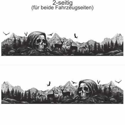 Klebefolie Bergmassiv mit Totenkopf - Ansicht zweiseitig für beide Fahrzeugseiten und Farbauswahl