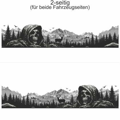 Preview: Klebefolie Bergmassiv mit Totenkopf - Ansicht zweiseitig für beide Fahrzeugseiten und Farbauswahl