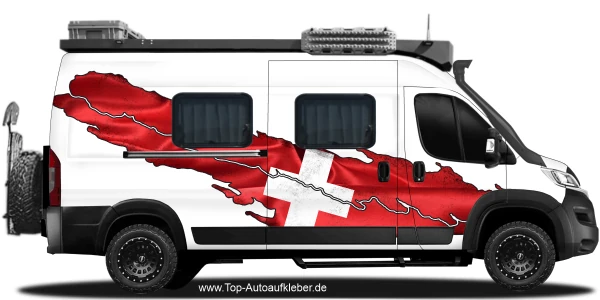 Klebefolie für Wohnmobil Schweiz auf Fahrzeugseite von Kastenwagen