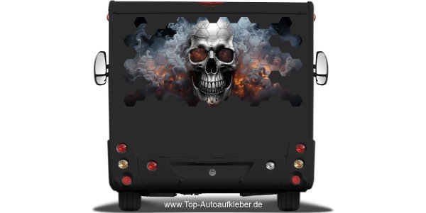 Preview: Klebefolie Totenschädel in Flammen dunklem Reisemobilheck
