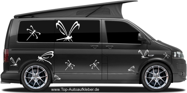 Preview: Libellen Aufkleber Set auf dunklem Camper - Ansicht Farbauswahl