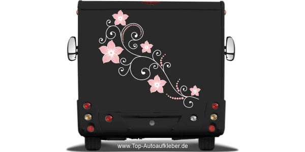 Aubendekor mit buntem Blumenornament auf Heck von dunklem Wohnmobil oder Wohnwagen