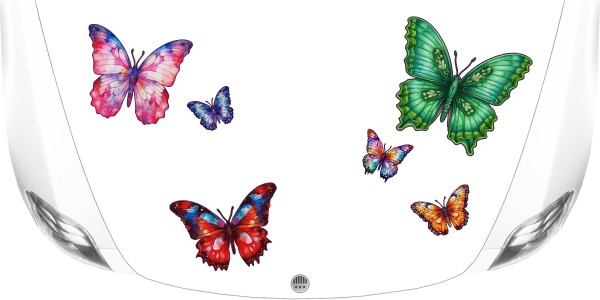 Motorhaubenaufkleber Farbenprächtiges Schmetterling Set auf weißem Fahrzeug