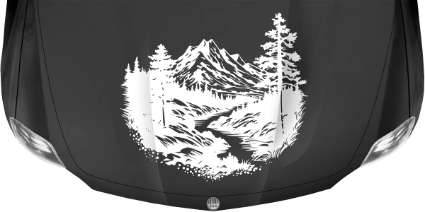 Motorhaubenaufkleber Gletscherbach in der Bergwelt auf dunkler Haube - Ansicht Farbauswahl