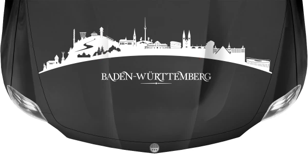 Motorhaubenaufkleber Skyline Baden-Württemberg auf dunkler Motorhaube - Ansicht Farbauswahl