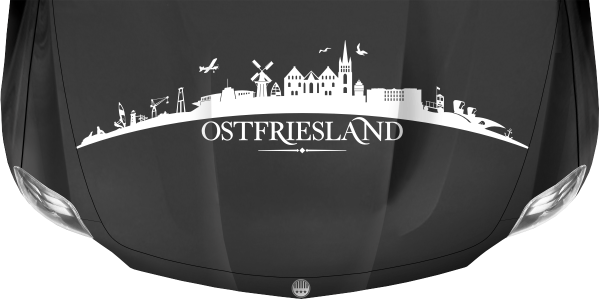 Preview: Motorhaubenaufkleber Skyline Ostfriesland auf dunkler Motorhaube - Ansicht Farbauswahl