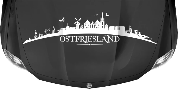 Motorhaubenaufkleber Skyline Ostfriesland auf dunkler Motorhaube - Ansicht Farbauswahl