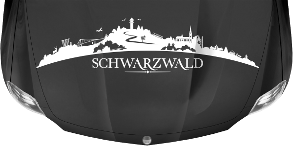 Preview: Motorhaubenaufkleber Skyline Schwarzwald auf dunkler Motorhaube - Ansicht Farbauswahl