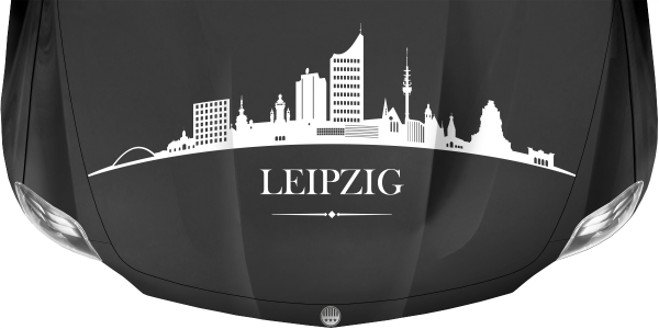 Preview: Motorhaubendekor Skyline Leipzig Preview: Leipziger Skyline als Aufkleber für die Motorhaube auf dunkler Motorhaube - Ansicht Farbauswahl