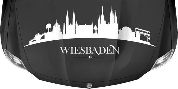 Preview: Motorhaubendekor Skyline Wiesbaden Preview: Autoaufkleber für die Motorhaube mit Wiesbadener Skyline auf dunkler Motorhaube - Ansicht Farbauswahl