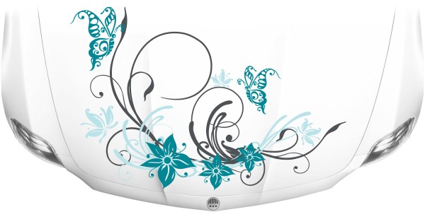 Motorhaubentattoo mit buntem Rankenornament und Schmetterlingen