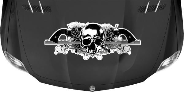 Preview: Motorhaubendekor Totenkopf mit Pistolen Preview: Motorhaubendekor Totenkopf mit Pistolen