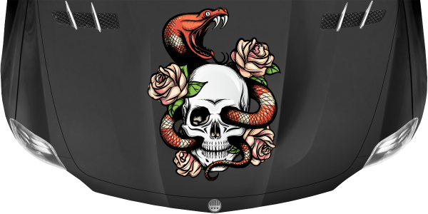 Preview: Motorhaubensticker Skull mit Cobra und Blumen